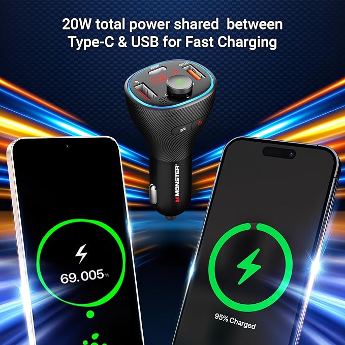 Monster Bluetooth FM Transmitter for Car Cigarette Lighter with 20W QC3.0 USB A & USB C PD Charger, Bass Boost Button, Flash Drive Port, Google Voice & Siri Compatible, Hands-Free Calls, Microphone