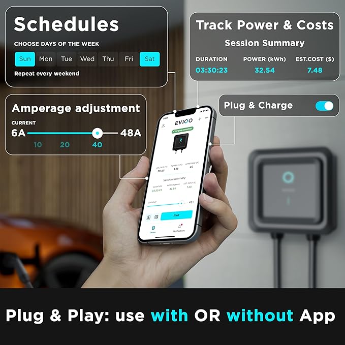 EVIQO EV Charger Level 2-48 Amp Level 2 EV Charger Hardwired, 240V Electric Vehicle Charging Stations, J1772 Chargers 11.5kW, Wall EV Chargers for Home, EVSE EV Charging Station 25' Cord