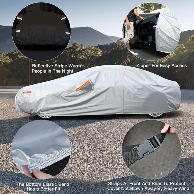 Kayme 6 Layers Car Cover Waterproof All Weather, Outdoor Car Cover UV Rain Sun Protection, Universal Fit for BMW E46 E36 E30, Dodge Neon, Mitsubishi Mirage, Nissan Versa (Up to 177 inch).