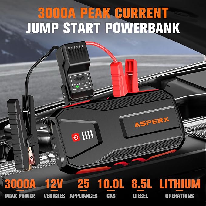 ASPERX 3000A Jump Starter for Car Battery, 12V Portable Jump Box with LED Light & Smart Jumper Cables, BMS for Up to 10.0L Gas or 8.0L Diesel Engines-Red