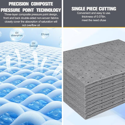 50PC Oil Absorbent Pads | 13"x10" Meltblown Polypropylene Mats, Hand-Tear Lines for Automotive & Workshop | Vacuum Eco-Packaging, Reusable Spill Control