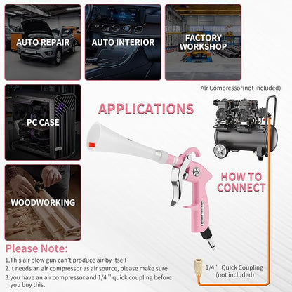 Tornado Dry Cleaning Gun Detailing Interior Dryer Air Blow Gun High Pressure Blower Gun for Women Car Detailing Kit Interior Cleaner Works with Air Compressor and Quickly Removes Surface Dirt Pink