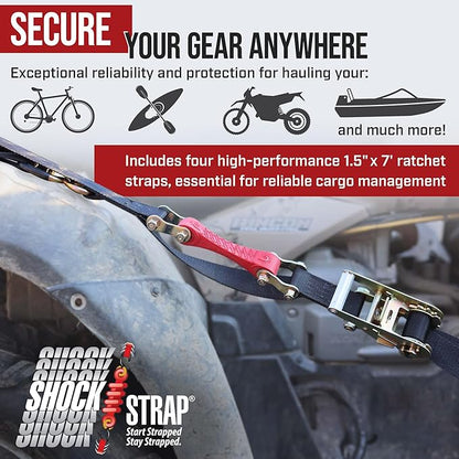 Ratchet Strap, 7’ x 1.5" Shock Absorbing Heavy Duty Tie downs for Cargo, 1,000 LB WLL / 3,000 LB Break Strength, 4-Pack