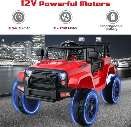 OLAKIDS Kids Ride On Truck, 12V Electric Vehicle Jeep Car with Remote Control, Toddlers Battery Powered Toy with 2 Speeds, Spring Suspension, Double Open Doors, LED Lights, Music, TF,USB, Mp3 (Garnet)