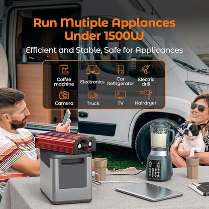 1500W Pure Sine Wave Inverter, 12V DC to 110V/120V AC Power Inverter for RV、Off Grid、Truck、with 2 AC outlets and LCD Display