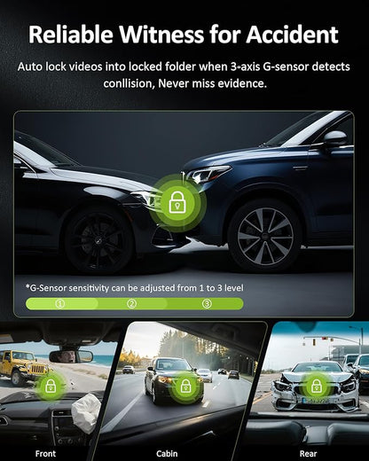 4K 3 Channel Dash Cam Front Rear Inside，STARVIS Sensor, 5GHz WiFi,64GB Card Included, 2160P+1080P+1080P Car Dash Camera, 3.16" IPS Screen, IR Night Vision,HDR, G-Sensor, 24/7 Parking Mode