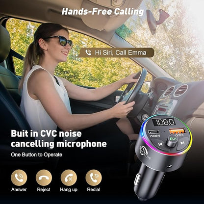 FM Transmitter Bluetooth 5.3, 54W Fast USB Car Charger [PD 36W& QC3.0 18W] Cigarette Lighter Wireless Radio Adapter Supports Hands-Free Call, Aux 3.5mm, 9 Colors LED Backlit