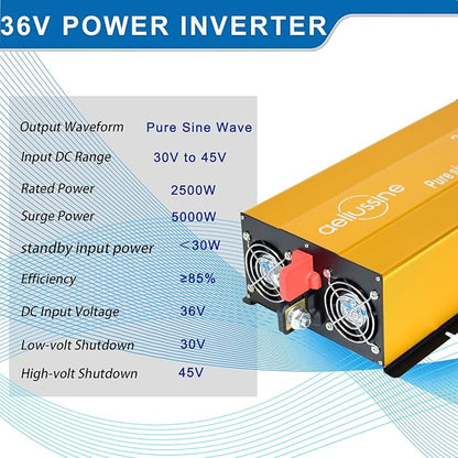 2500W Pure Sine Wave Inverter-36V DC to 110V 120V AC Power Converter with 2 AC Outlets, 36 Volt Power Inverter for Truck, Rv, Camping, Home, Emergency Power