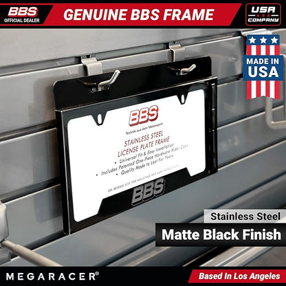 BBS Official Black Stainless Steel License Plate Frame – Made in USA – Premium Rustproof Powder-Coated Metal Car Accessory – Universal Fit – 1 Pack