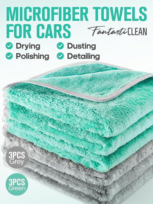 Fantasticlean Microfiber Car Detailing Towels, Car Drying Towel with Edge, Plush, Coral Fleece, 700GSM, 16" x 16", 6 Pack, Scratch-Free, Ultra Absorbent, Car RV Boat Home Cleaning (Grey and Green)