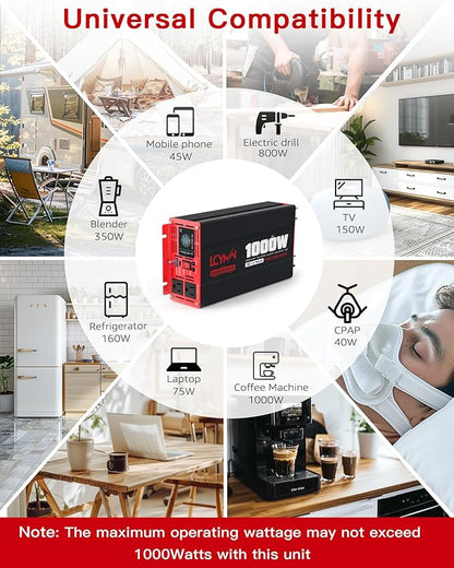 1000 Watts Pure Sine Wave Power Inverter 12V DC to 110V 120V AC Converter for Home RV Off Grid Truck Solar System Inverters with Type-C PD30W USB QC3.0 Port 2 AC Outlets LCD Display and Remote Control