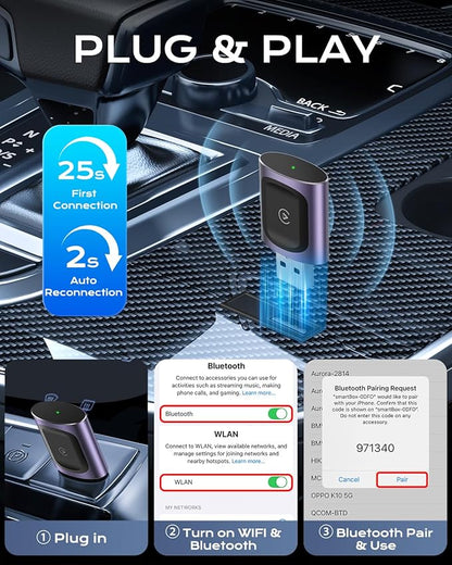 AuroraLink Wireless Carplay & Android Auto Adapter 2-in-1 Stable & No Delay Carplay Wireless Adapter Convert Wired to Wireless Car Play Dongle for iOS 10+/Android 11+ (Purple)