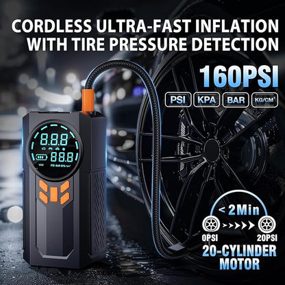 Jump Starter with Air Compressor, 5000A 160PSI Battery Jumper Starter Portable (9.0 Gas/8.0L Diesel), 12V Jump Box Car Battery Jump Starter with Smart Jumper Cables, LED Light, LCD Display