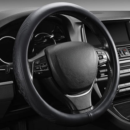 【2025 Model】 High-Grade Real Cowhide Steering Wheel Cover，Black Genuine Leather Steering Wheel Cover for Cars,Universal 15 inch Steering Wheels,Grid & Square Motif