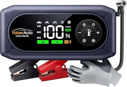YaberAuto 9-in-1 Jump Starter with Air Compressor 4500A 150PSI Portable Car Battery Jump Starter (9L Gas/8L Diesel), Jump Box Car Battery Jumper Starter Portable Jumper Cables, Insulated Gloves, Light