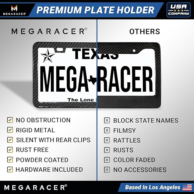 Premium Slim Carbon Fiber Design License Plate Frame – 1 Pack, Rust-Free Stainless Steel & Rattle-Free, Street Legal, Universal with Screw Caps Cover, Thin Metal Front or Rear Car Tag Holders for Men