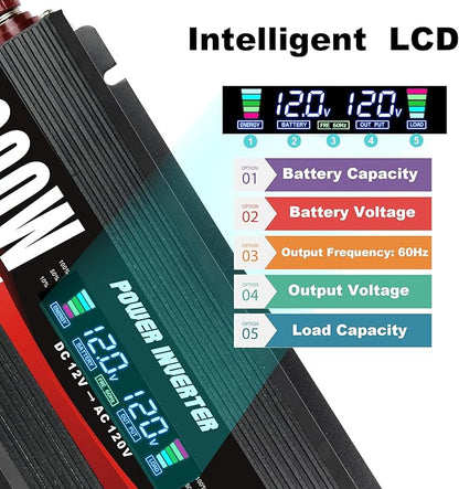 1000W/2000W(Peak) Car Power Inverter DC 12V to 110V/120V AC Converter with LCD Display Dual AC Outlets and Dual USB Car Charger for Car Camping Laptop Truck Black