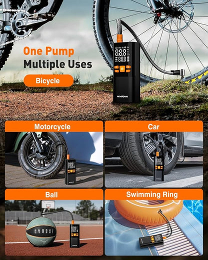 NEVERLAND Tire Inflator Portable Air Compressor - 4X Faster 150 PSI Air Pump for Car Tires, Electric Bike Pump with Pressure Gauge, Auto-Shutoff Cordless Tires Pump for Car Bicycle Motorcycle Ball