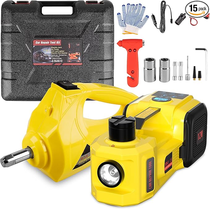 Electric Car Jack, 5 Ton 12V Digital Display Electric Jack for Car with E-Impact Wrench, Tire Inflator Pump and LED Light, (Lifting Range: 6.1~17.7 Inch) for Sedan, SUV, Truck Tire Change Replacement