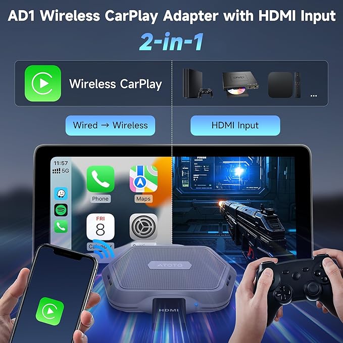 AD1 Wireless Carplay Adapter with HDMI, 2 in 1 Upgraded Dongle for Wired CarPlay Cars, Plug & Play HDMI Multimedia Hub for TV Box/Game Console/DVD/Blu-ray, Bluetooth 5.2, OTA Updates
