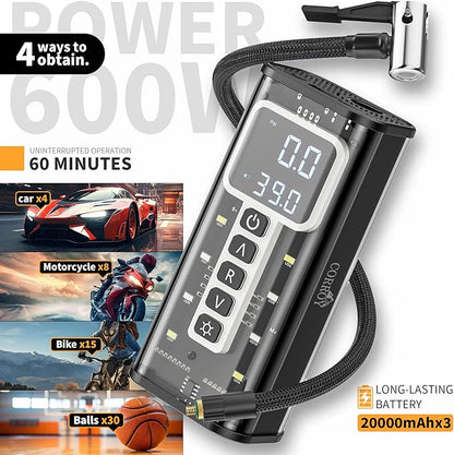 Tire Inflator Portable Air Compressor – 20000mAh Battery, 150PSI Cordless Bike Pump, Dual 12V DC Power, Tire Pressure Gauge, Air Pump for Fast 5X Inflation for Cars, SUVs, Bikes & Balls
