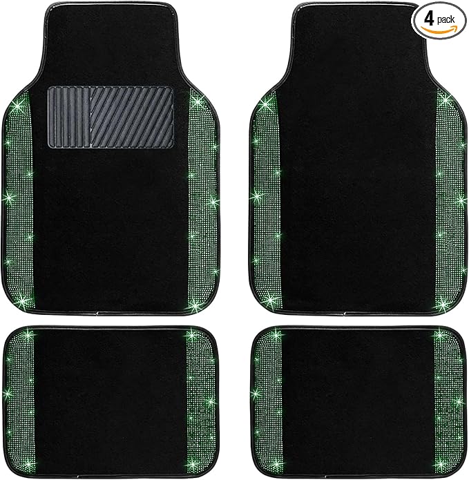 NBTEPEM Bling Car Floor Mats Full Set, Universal Fit Most Cars,SUV, Trucks, 4 pcs Sparkle Glitter Diamond Carpet for Women Girls with Anti-Slip Pad (Green Diamond)