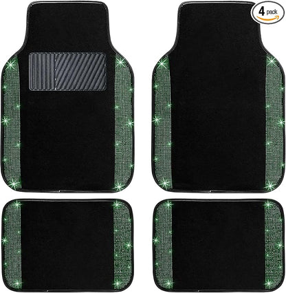 NBTEPEM Bling Car Floor Mats Full Set, Universal Fit Most Cars,SUV, Trucks, 4 pcs Sparkle Glitter Diamond Carpet for Women Girls with Anti-Slip Pad (Green Diamond)