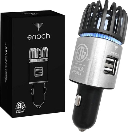 Enoch Car Air Purifier Premium Air Ionizer - 12V Plug-In Ionic Ozone Deodorizer Accessory with Dual USB Car Charger - Eliminates Cigarette Smoke, Pet and Food Odors, Dust (Gray Silver)
