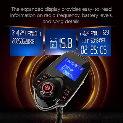 ONN Upgraded 2025 Car Bluetooth FM Transmitter – 1.44" Display, Flexible Gooseneck, Hands-Free Calls, Wireless Music Player, Radio Adapter, USB Charger, Micro SD Card & AUX Support