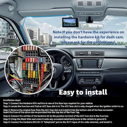 Radar Detector Hardwire Kit with RJ-11 Telephone Style Jack Direct Wire Wiring Kit Compatible with Escort Valentine One Uniden Beltronics Cobra Multiple Fuse Sizes Power Cord Cable