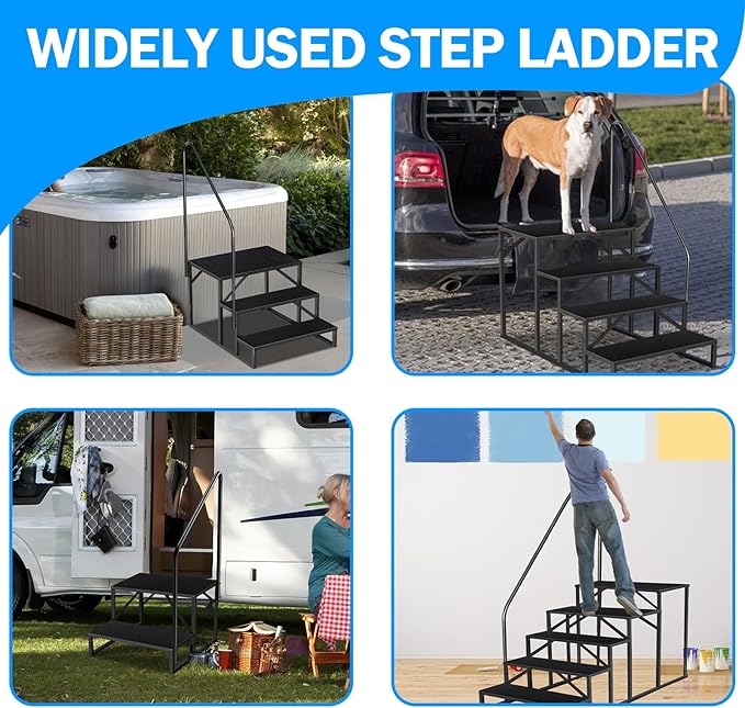 RV Step Stool, 4 Step Ladder, Hot Tub Steps with Handrail, Portable Pool Ladder, 660Lbs Heavy Duty Ladder Shelf Outdoor Mobile Home Stairs for Camper/Porch/SPA Pool/Pet Stairs(2 handrails)