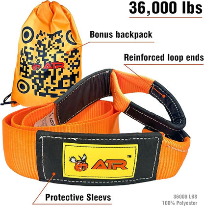 ATR Tree Saver Strap 3.5" x 8ft – 36,000 lbs Break Strength, Heavy Duty Tow Strap for Winch, Off-Road Recovery, Truck, Jeep, Short Polyester Recovery Rope with Loops