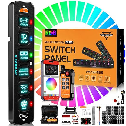 Auxbeam 6 Gang Slim Switch Panel Bluetooth RGB AS-600 with APP&Remote Control Toggle Momentary Pulsed Switch Pod Off Backlight for Truck Offroad UTV ATV Car Marine 12-24V Waterproof, 2 Years Warranty