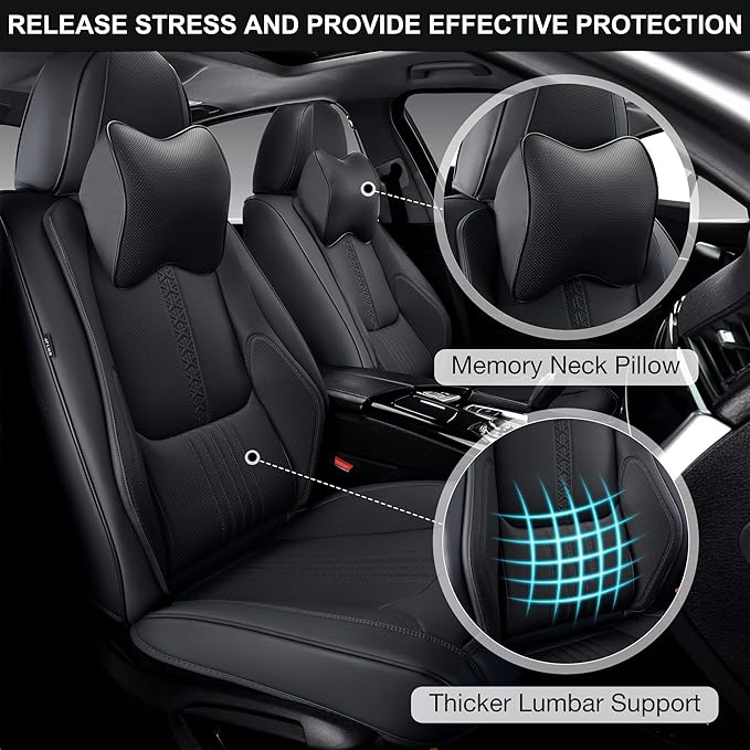 Car Seat Covers Full Set, Front and Rear Seat Covers for Cars, Waterproof Leather Auto Seat Protectors with Head Pillow, Car Seat Cushions Fit for Most Sedans SUV Pick-up Truck, Black
