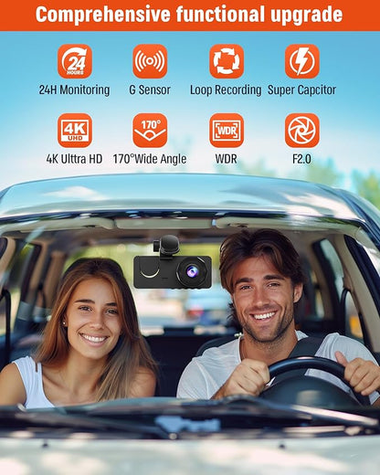 3 Channel Dash Cam,4K+1080P Dash Cam Front and Rear Inside, Dash Camera for Cars, Triple Car Camera with 32GB Card,Built-in G-Sensor, 2’’ IPS Display Car Camera,Loop Recording,24Hr Parking