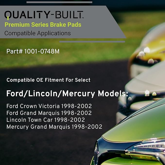 Premium Semi-Metallic Front Brake Pads (1001-0748M) Compatible with Ford Crown Victoria 2002-1998, Grand Marquis 2002-1998, Lincoln Town Car 2002-1998, Mercury Grand Marquis 2002-1998