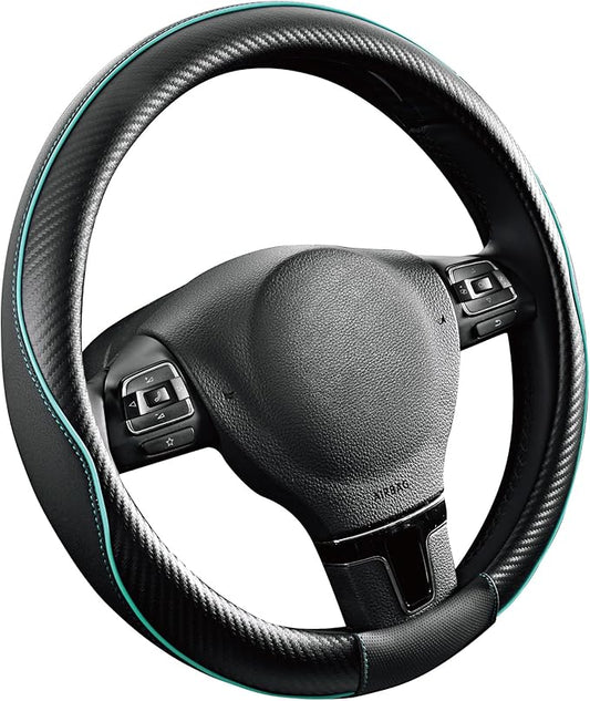 PIC AUTO Steering Wheel Cover, Mint Piping Leather, Sports Carbon Fiber and Super Breathable Leather, Universal 14.5-15.5 Inch Anti-Slip Steering Wheels Accessories for Men & Women