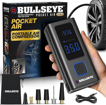POCKET AIR PRO Tire Inflator Portable Air Compressor by Bullseye Pro for Tires, Balls, Bike with Persta Valve, Auto Shut Off, Inflates in 2 Min, Cordless Rechargeable 6000MAH,150 PSI, SoS Light