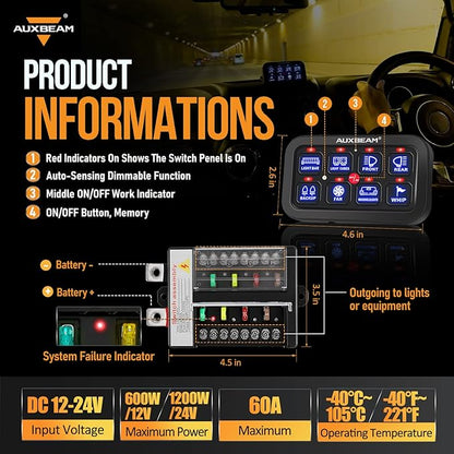 Auxbeam 8 Gang Switch Panel BB80 Universal Circuit Control Relay System Automatic Dimmable LED Switch Control Panel Switch Pod Touch Switch Box for Car Truck Offroad ATV SUV - Blue, 2 Years Warranty