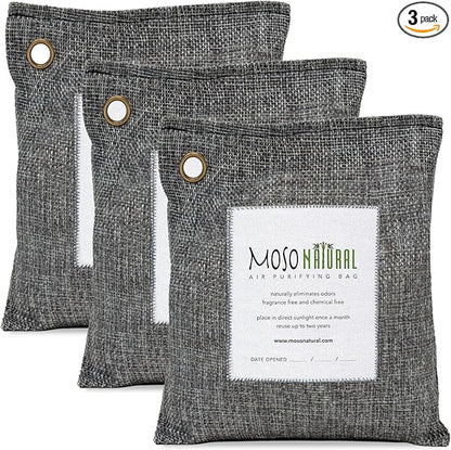 Moso Natural Air Purifying Bag 500g (3 Pack) Premium Bamboo Charcoal Odor Absorber for Home, Bedroom, Kitchen, Basement | Unscented Pet Odor Eliminator | Large Charcoal Deodorizer Bag Covers 250sqft