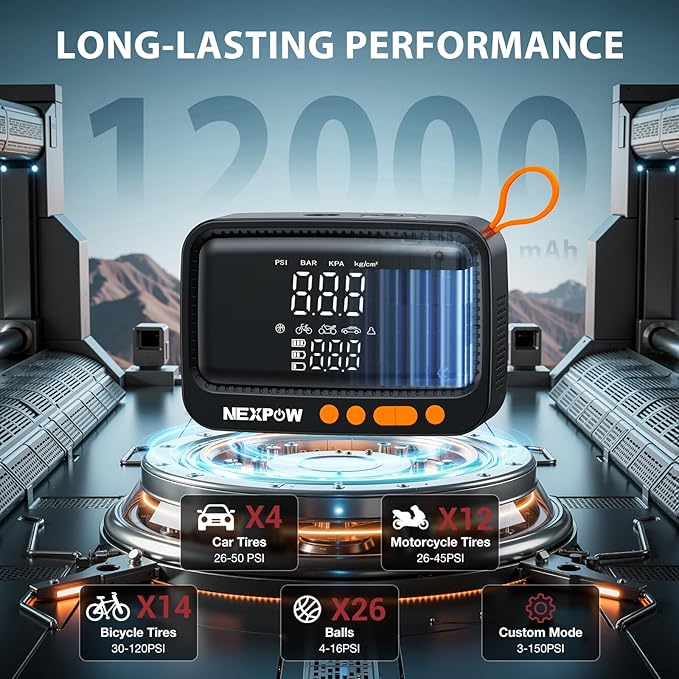 NEXPOW Tire Inflator Portable Air Compressor, 150 PSI Cordless Air Pump for Car Tires with Digital Pressure Gauge & Auto Shut-Off, Air Compressor Portable for Car, Motorcycle, Bicycle, Balls, Orange