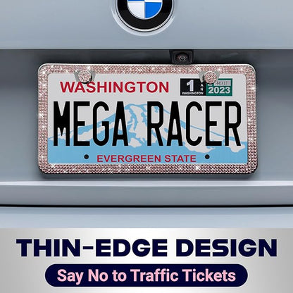 Glamorous Bling License Plate Frame for Women - 1 Pack, 800 Premium Pink Rhinestones, Rust-Free Stainless Steel, Street Legal Slim Design, Sparkly Diamond Car Tag Holder with Glitter Crystal Covers