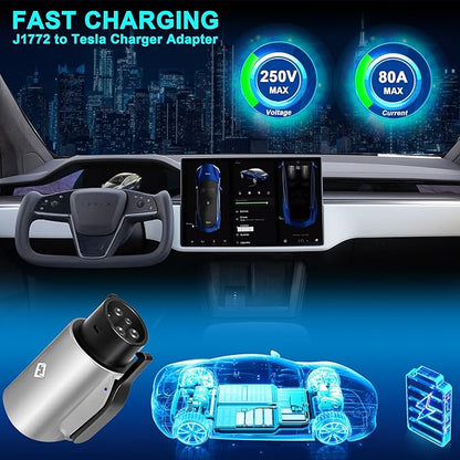 Tesla to J1772 Adapter, for All J1772 EV, 80A 250V Max, Portable and Outdoor EV Adapter, for Tesla High Powered Connectors, Destination Charger, Mobile Charger, Wall Charger, (Silver)