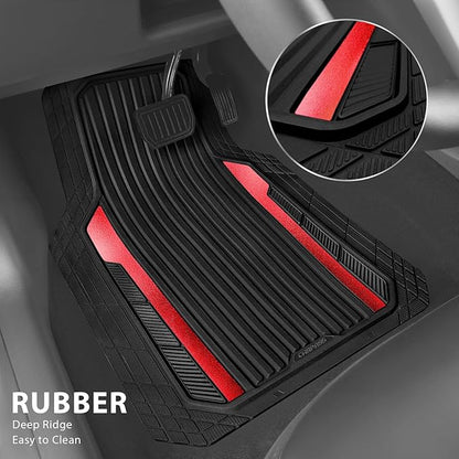 CAR PASS Heavy Duty Rubber Car Mats Metallic S~L Size, Aluminum Film All Weather Floor Mats Waterproof Universal Trim to Fit SUV Sedan Van Truck 4 Piece Deep Dish Two-Tone Sporty Black Red Chrome
