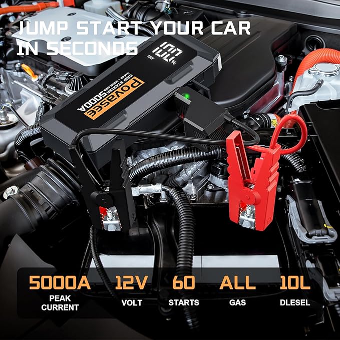 Car Battery Jump Starter 5000A Jump Box (All Gas/10L Diesel) Portable Car Jump Starter Battery Pack, 12V Jumper Starter Portable 3" LCD Display/Power Bank/Dual Output/LED Light DC
