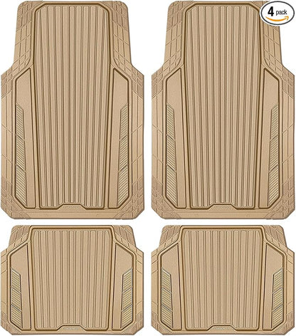 CAR PASS Heavy Duty Sporty Rubber Car Mats, Deep Dish All Weather Car Floor Mats Full Set, Waterproof Anti-Slip Automotive Matts Rugs Trim to Fit for Most Sedans SUVs, 4-Piece All Beige