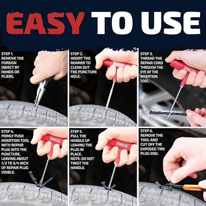 Vehiclex Tire Repair Kit for Plug and Patch with Aluminum Handled Tools - Emergency Kit with Pliers in Zippered Bag for Car, Motorcycle, ATV, Tractor, Lawn Mower