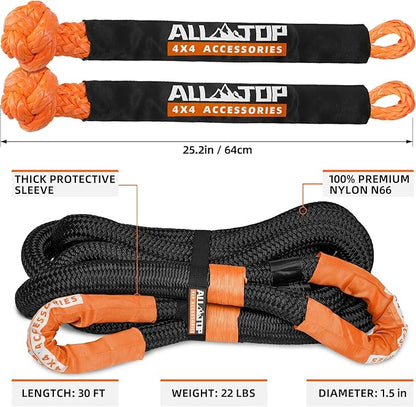ALL-TOP Kinetic Recovery Rope Kit w/ 2 Soft Shackles, 83000Lbs, 1.5in x 30ft, Heavy Duty 30+% Elasticity, 27600Lbs Work Load Limit for 4x4 Offroad Vehicle(Black)