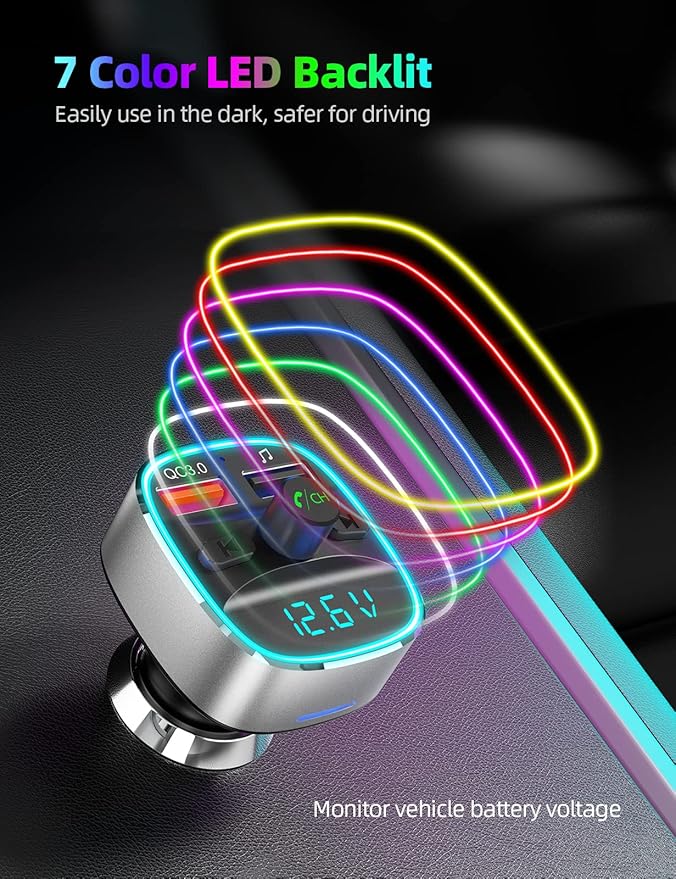 Nulaxy Bluetooth FM Transmitter for Car,Bluetooth Car Adapter Charger with Dual USB Charging Ports, MP3 Music Player Supports TF Card & USB Disk,Hands Free Calling, 7 Colors Led Backlit Light - Silver