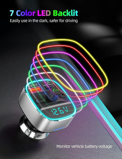 Nulaxy Bluetooth FM Transmitter for Car,Bluetooth Car Adapter Charger with Dual USB Charging Ports, MP3 Music Player Supports TF Card & USB Disk,Hands Free Calling, 7 Colors Led Backlit Light - Silver